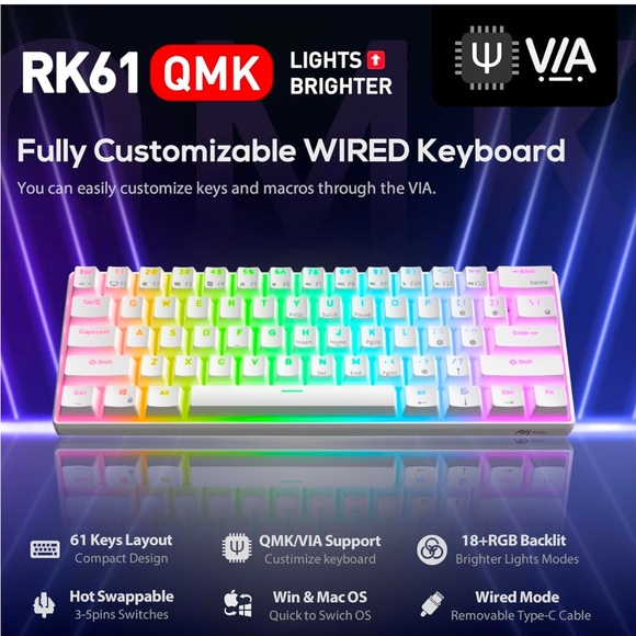 RK ROYAL KLUDGE RK61 Wired 60% Mechanical Gaming Keyboard Programmable - Picture 2 of 6